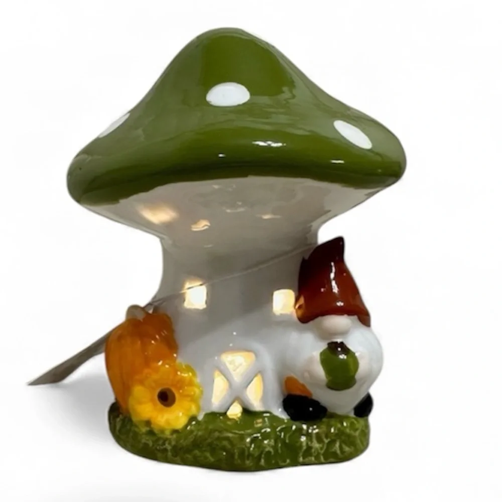 Ceramic Toad Stool - Mushroom Gnome House, Lighted Figurine New